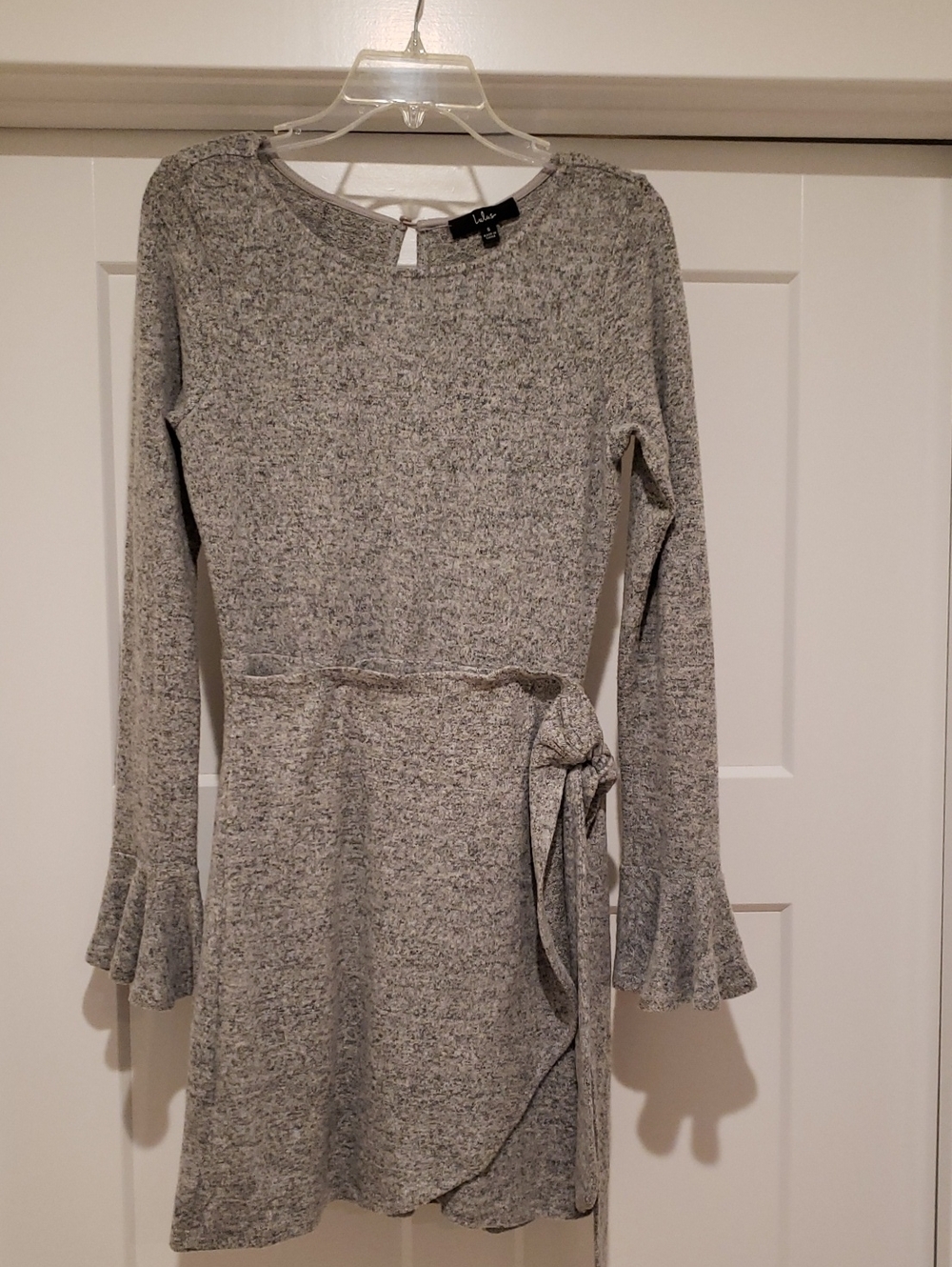 Lulus Gray Knit Long-Sleeve Tie-Waist Dress Back Ruffles Fall Winter